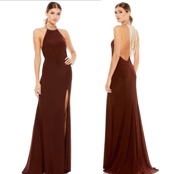 NWT Mac Duggal Brown Beaded Halter Neck Side Slit Gown Size 8 Orig $398 - Picture 1 of 2